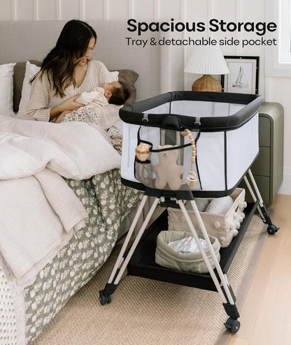 Fodoss Baby Bassinet Bedside Sleeper with Wheels and Storage Tray (Dark Grey Tweed) - Kidsy