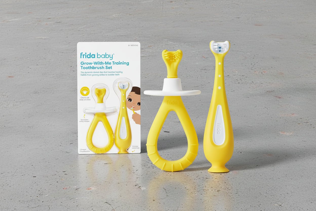 Frida Baby Grow - with - Me Training Toothbrush Set 6 - 18 Months, Soft Silicone Bristles (Yellow) - Kidsy