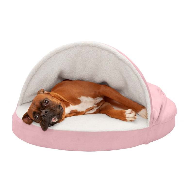 FurHaven Pet Products Faux Sheepskin Memory Top Snuggery Burrow Pet Bed for Dogs & Cats (Pink 35 Base) - Kidsy