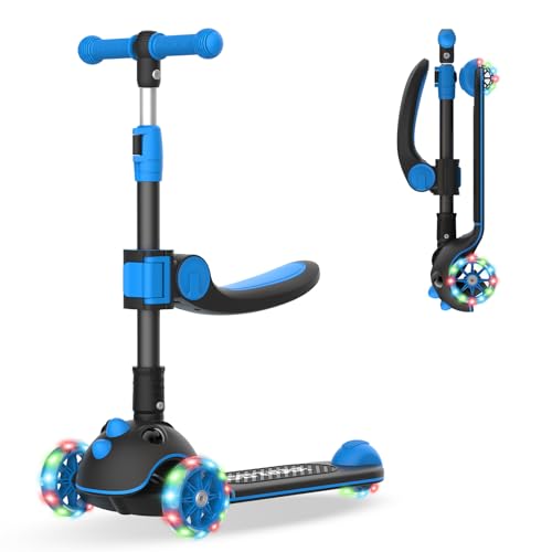 Gotrax KS3 Pro Kick Scooter for Kids, One Key Removable Seat & 3 Extra Wide PU Light - Up Wheels (Blue) - Kidsy
