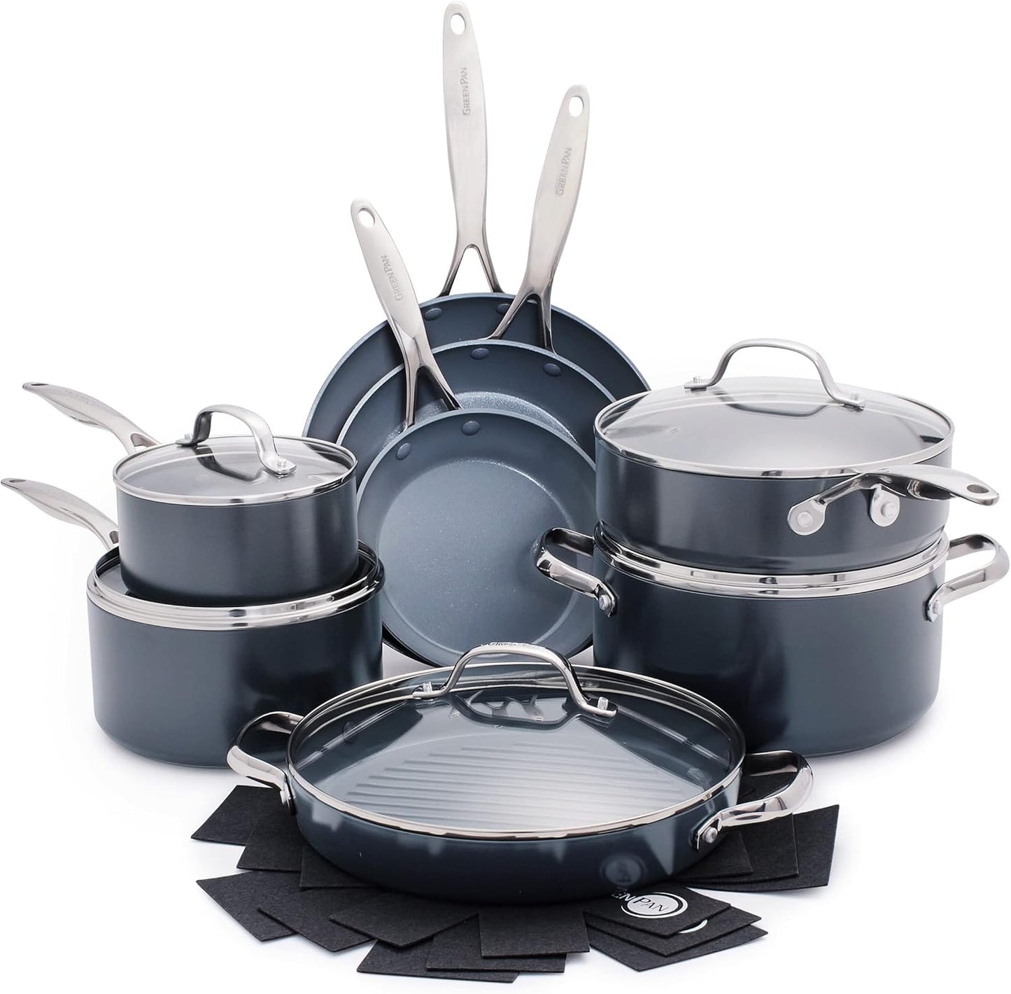 GreenPan 16 Piece Valencia Pro Ceramic Nonstick Cookware Set (Gray) - Kidsy