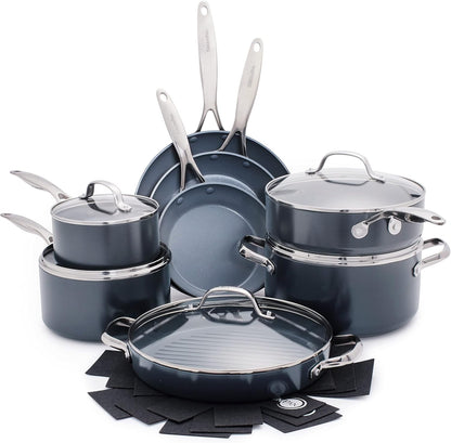 GreenPan 16 Piece Valencia Pro Ceramic Nonstick Cookware Set (Gray) - Kidsy