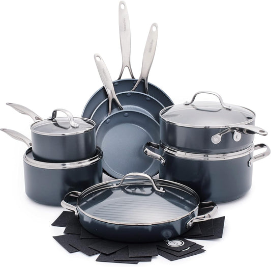 GreenPan 16 Piece Valencia Pro Ceramic Nonstick Cookware Set (Gray) - Kidsy