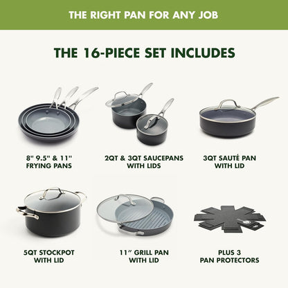 GreenPan 16 Piece Valencia Pro Ceramic Nonstick Cookware Set (Gray) - Kidsy
