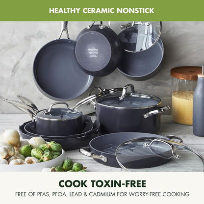 GreenPan 16 Piece Valencia Pro Ceramic Nonstick Cookware Set (Gray) - Kidsy