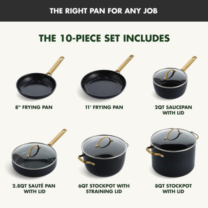 GreenPan Hard Anodized Healthy Ceramic Nonstick 10 Piece Cookware Pots and Pans Set (Black) - Kidsy