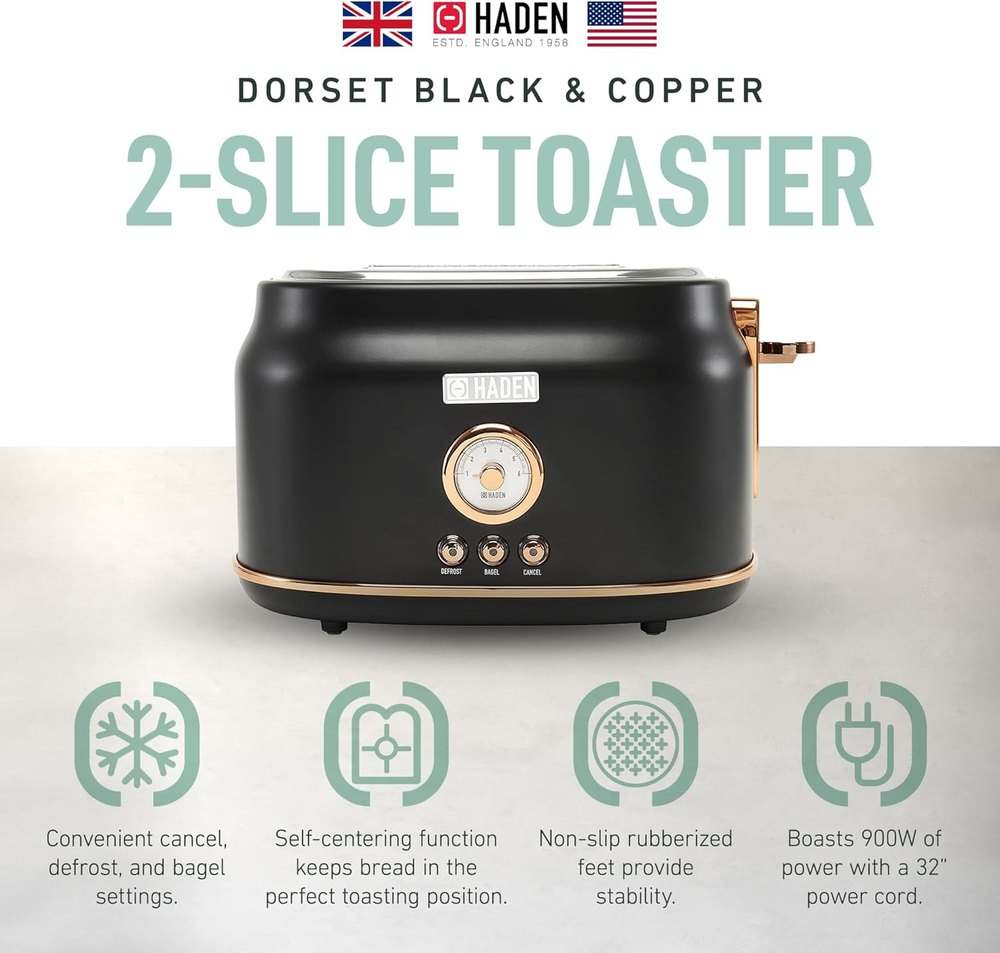 Haden Dorset Wide Slot 2 - Slice Toaster (Black & Copper) - Kidsy