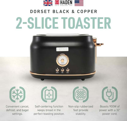 Haden Dorset Wide Slot 2 - Slice Toaster (Black & Copper) - Kidsy