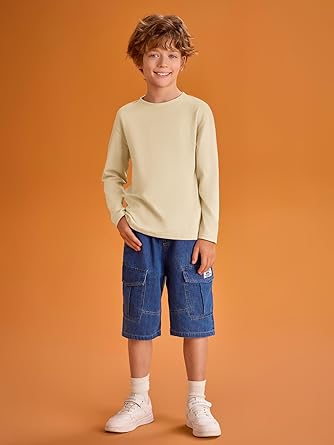 Haloumoning Kids Boys Long Sleeve Crewneck T-Shirts Tee Tops 5 - 14 Years (Beige) - Kidsy