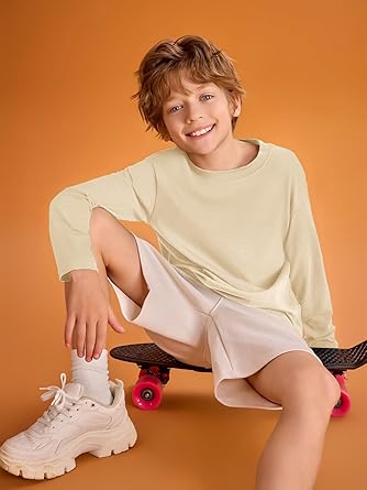 Haloumoning Kids Boys Long Sleeve Crewneck T-Shirts Tee Tops 5 - 14 Years (Beige) - Kidsy