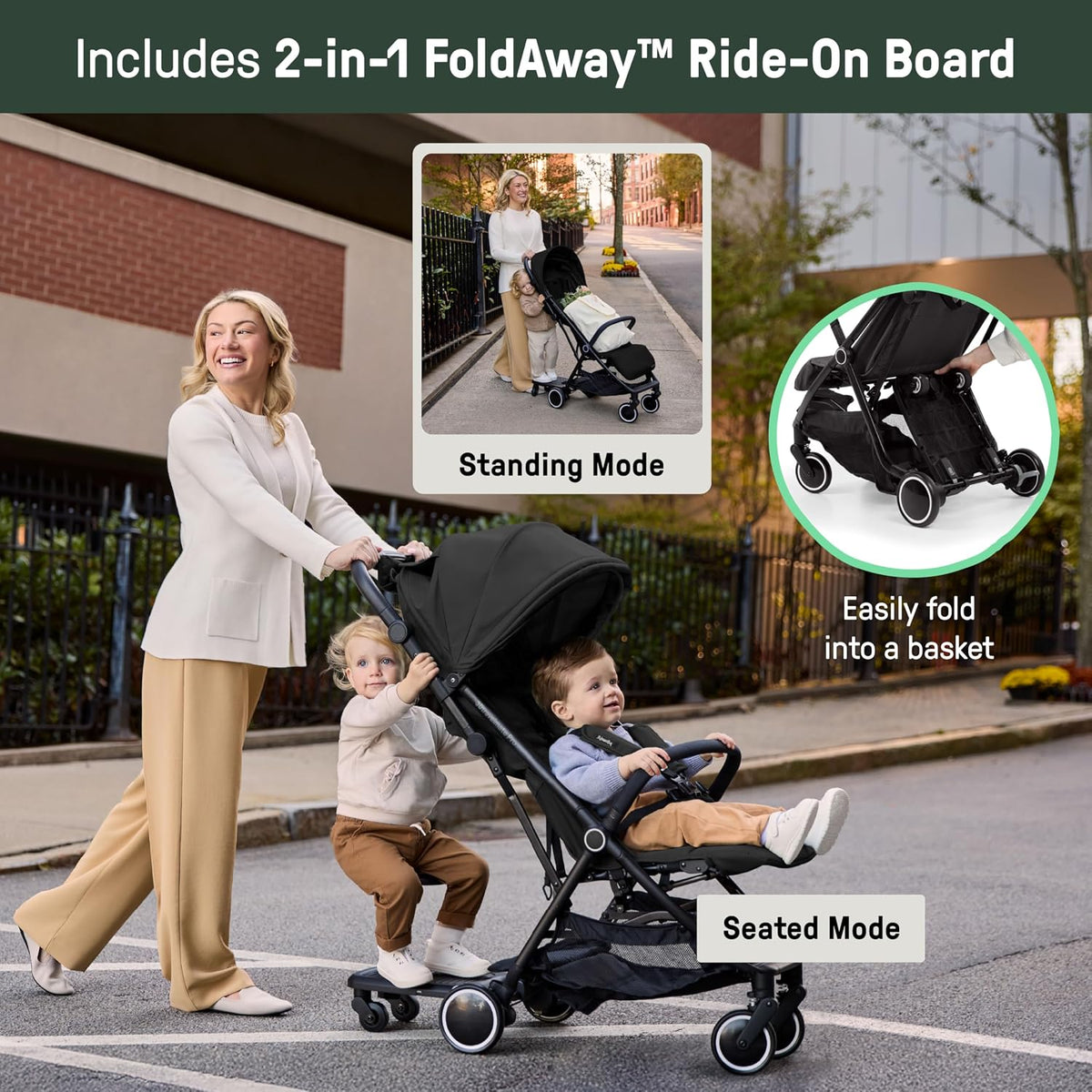 Ingenuity 3D Travelmate Pro Compact Travel Stroller with Ride-On Board (Black) - Kidsy