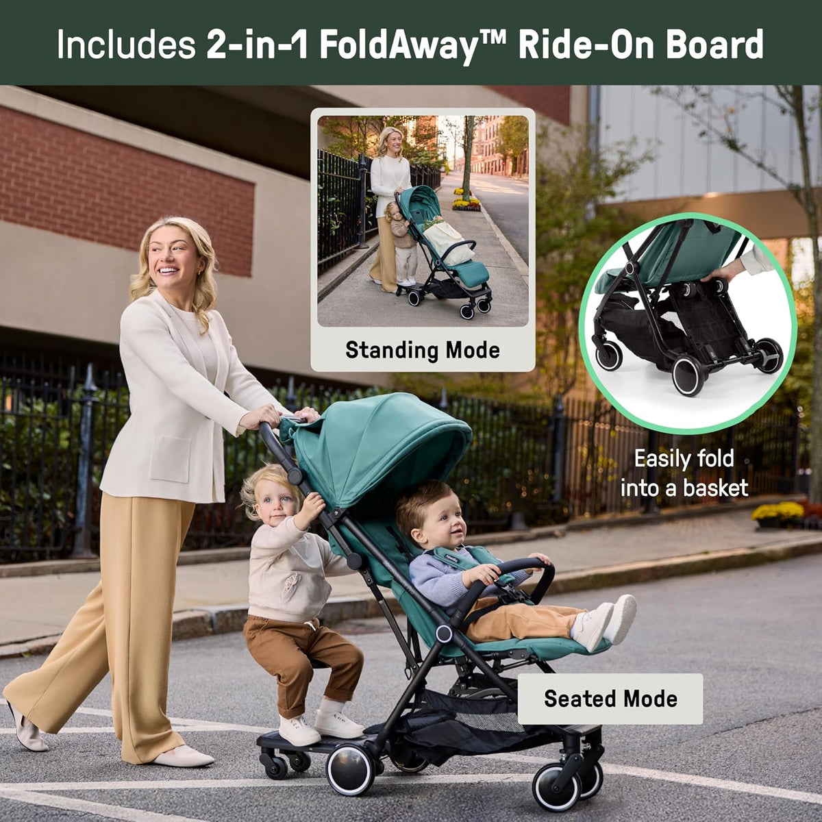 Ingenuity 3D TravelMate Pro Stroller with Ride-On Board (Green) - Kidsy