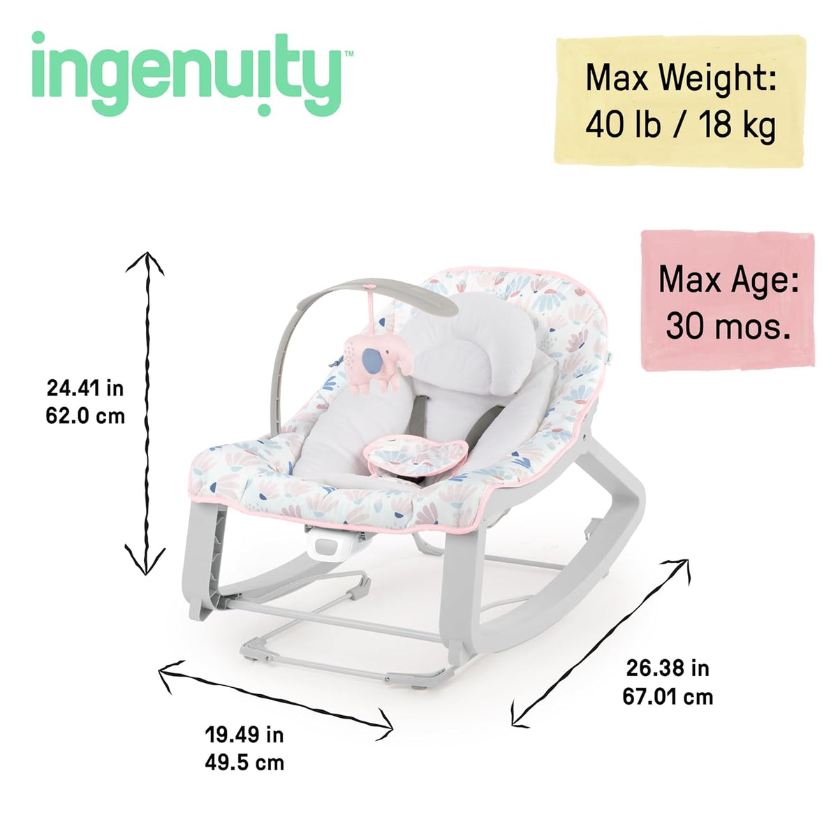 Ingenuity Keep Cozy 3 - in - 1 Grow with Me Vibrating Baby Bouncer Seat (Pink Burst) - Kidsy
