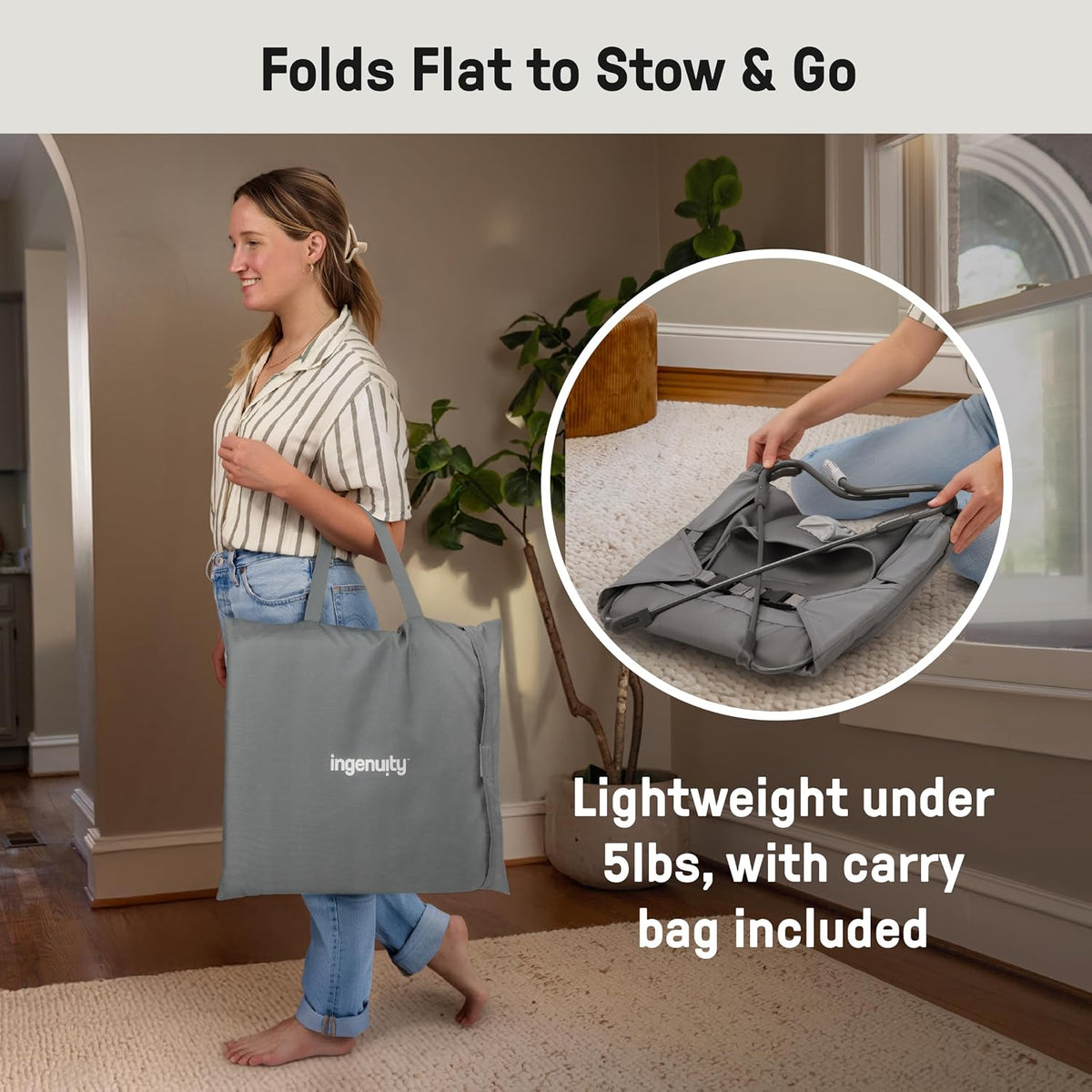 Ingenuity Stow & Go Compact Folding Baby Bouncer (Grey) - Kidsy
