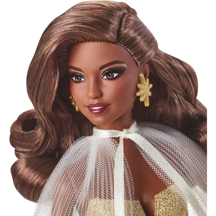 2023 Holiday Barbie Doll Golden Gown and Dark Brown Hair