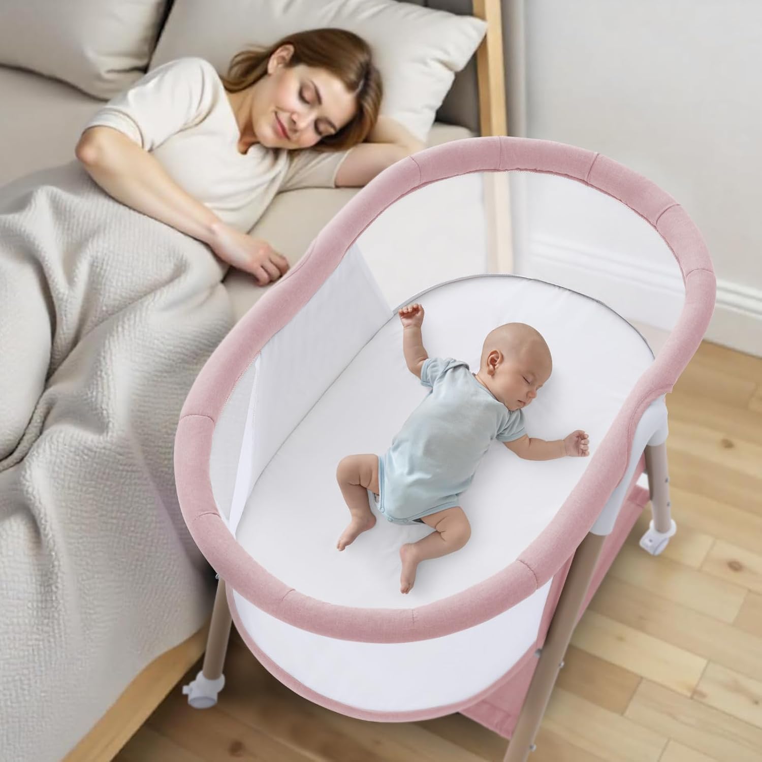 Jaoul Baby Bassinet, Portable Baby Travel Crib for Baby Bed with Wheels Comfy Mattress (Pink) - Kidsy