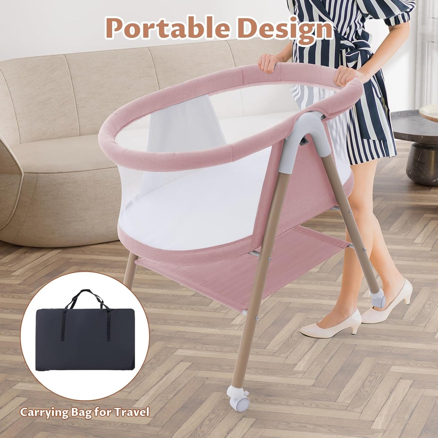 Jaoul Baby Bassinet, Portable Baby Travel Crib for Baby Bed with Wheels Comfy Mattress (Pink) - Kidsy