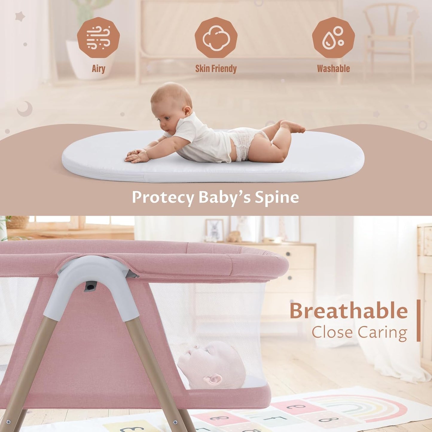 Jaoul Baby Bassinet, Portable Baby Travel Crib for Baby Bed with Wheels Comfy Mattress (Pink) - Kidsy