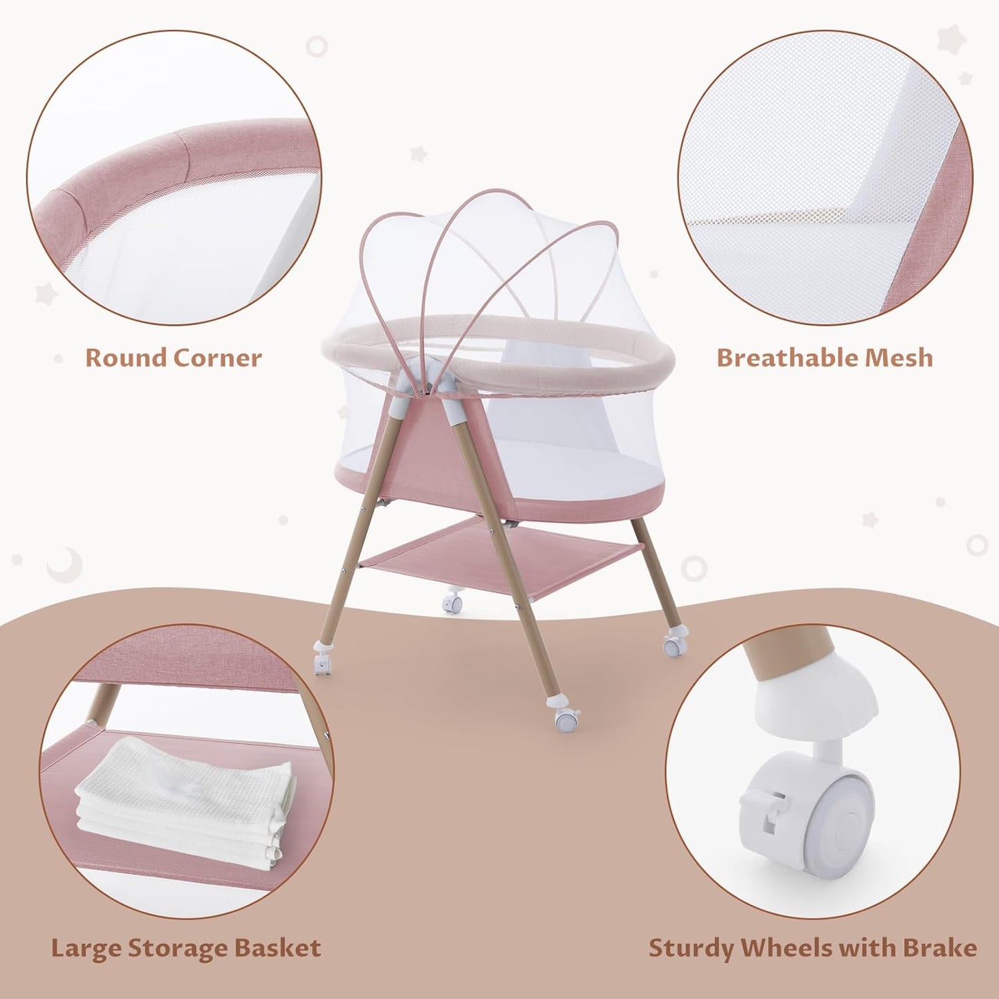 Jaoul Baby Bassinet, Portable Baby Travel Crib for Baby Bed with Wheels Comfy Mattress (Pink) - Kidsy