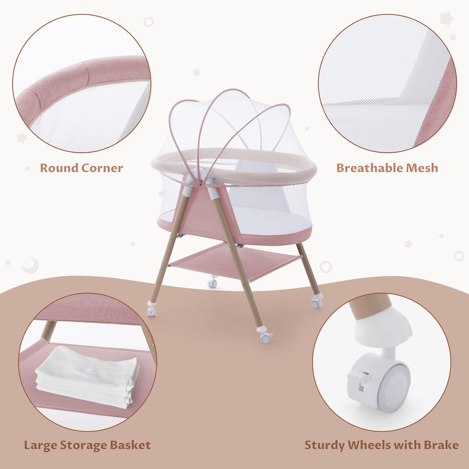 Jaoul Baby Bassinet, Portable Baby Travel Crib for Baby Bed with Wheels Comfy Mattress (Pink) - Kidsy