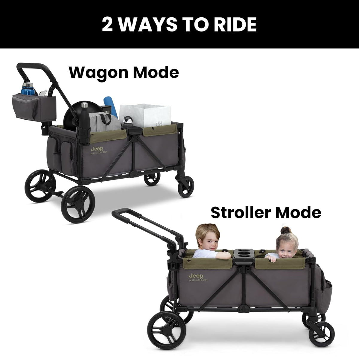 Jeep Sport All - Terrain Stroller Wagon by Delta Children (Grey/Olive Green) - Kidsy