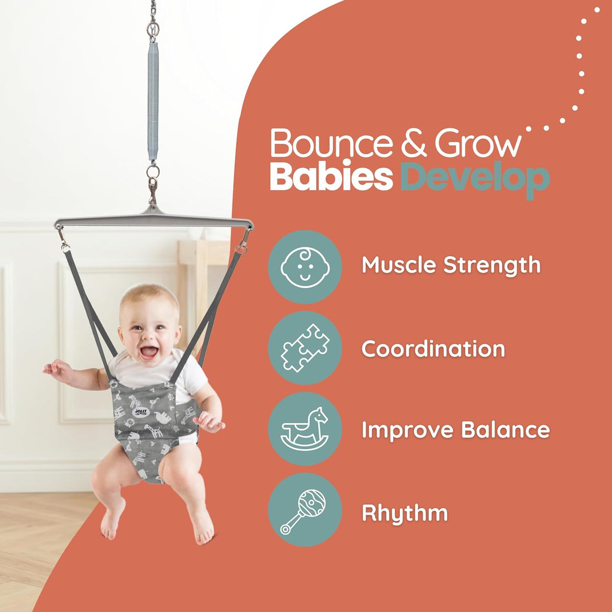 Jolly Jumper Elite Adjustable Baby Exerciser with 6-Foot Stand (Black Saddle) - Kidsy