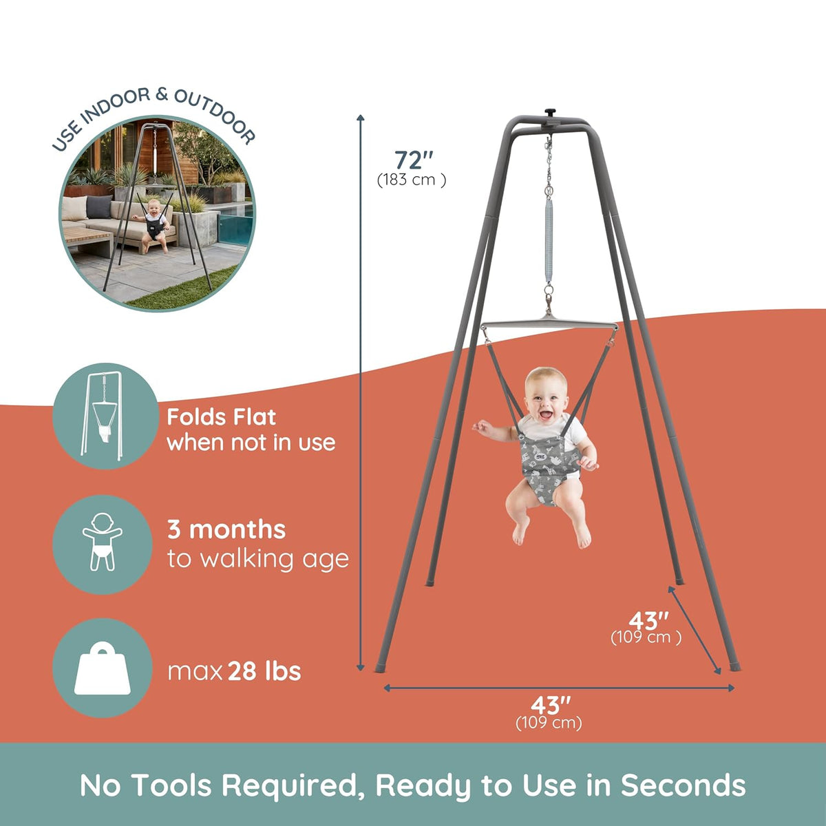 Jolly Jumper Elite Adjustable Baby Exerciser with 6-Foot Stand (Black Saddle) - Kidsy
