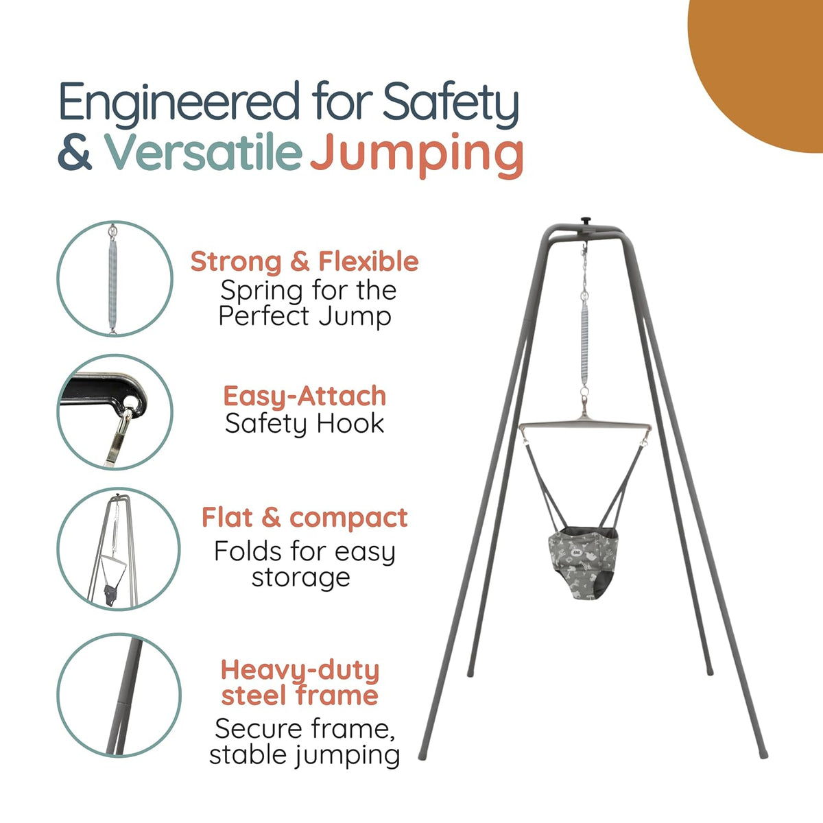 Jolly Jumper Elite Adjustable Baby Exerciser with 6-Foot Stand (Black Saddle) - Kidsy