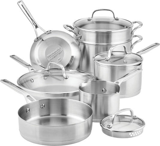 KitchenAid 11 - Piece Stainless Steel Cookware Set with 3 - Ply Base - Kidsy