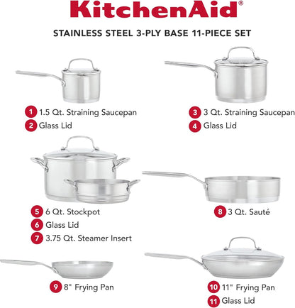 KitchenAid 11 - Piece Stainless Steel Cookware Set with 3 - Ply Base - Kidsy