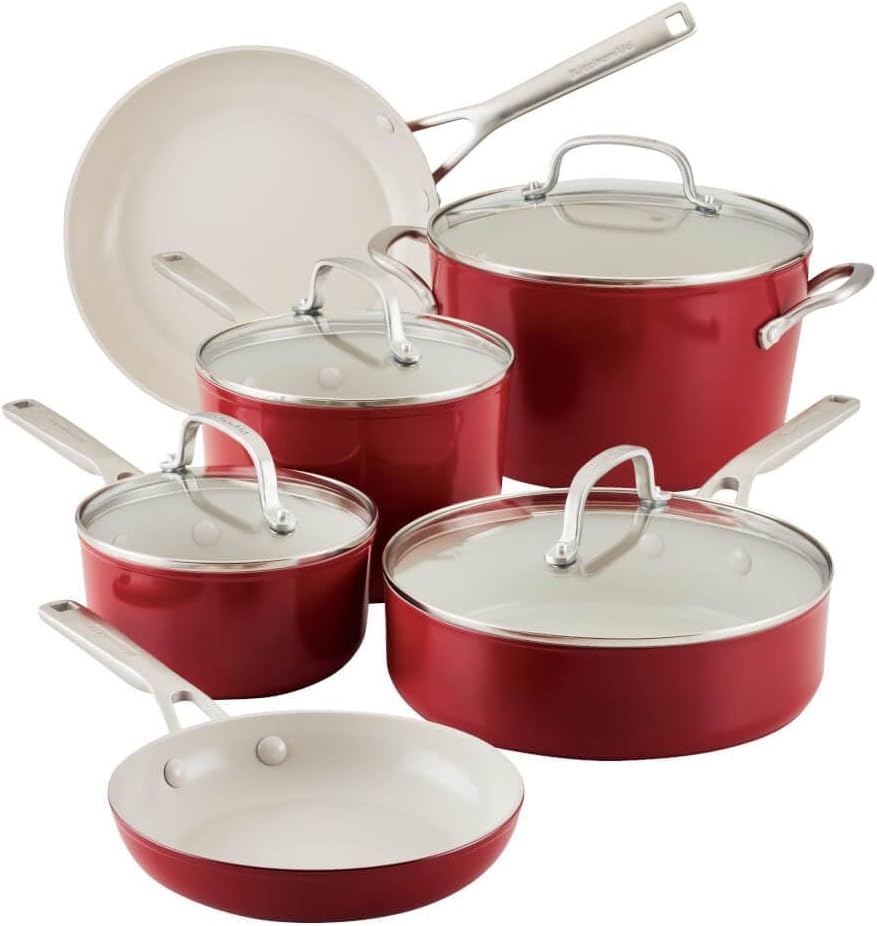 KitchenAid 84845 10 - Pc. Hard Anodized Nonstick Ceramic Cookware Set (Empire Red) - Kidsy