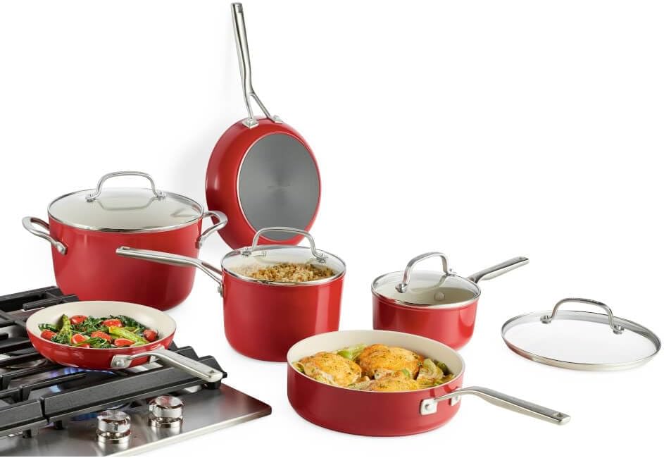 KitchenAid 84845 10 - Pc. Hard Anodized Nonstick Ceramic Cookware Set (Empire Red) - Kidsy