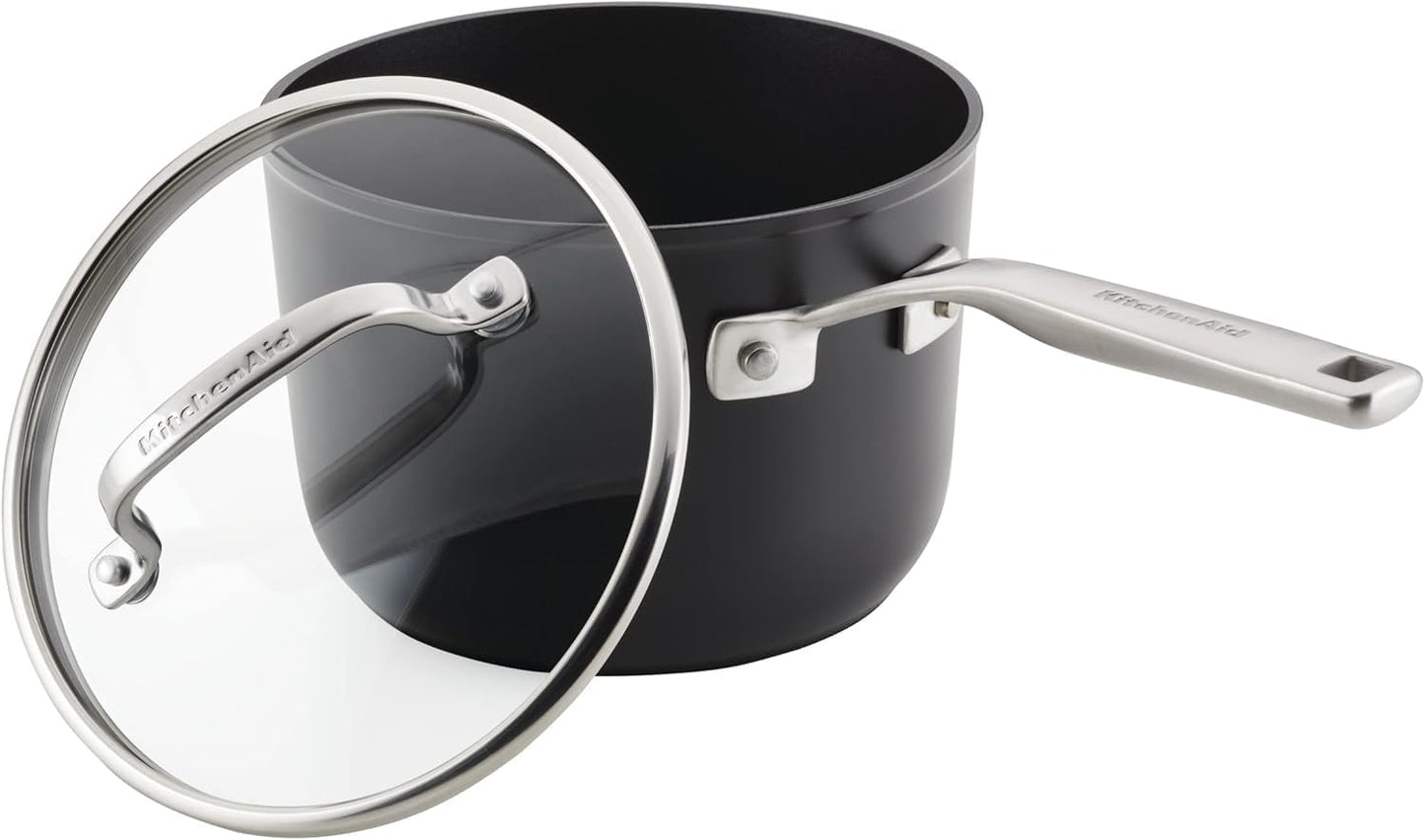 KitchenAid Hard Anodized Induction Nonstick Sauce Pan/Saucepan with Lid, 3 Quart (Matte Black) - Kidsy