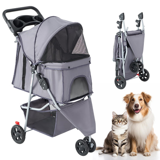 KMFurnila 3 Wheel Foldable Pet Stroller for Small to Medium Pets (Grey) - Kidsy