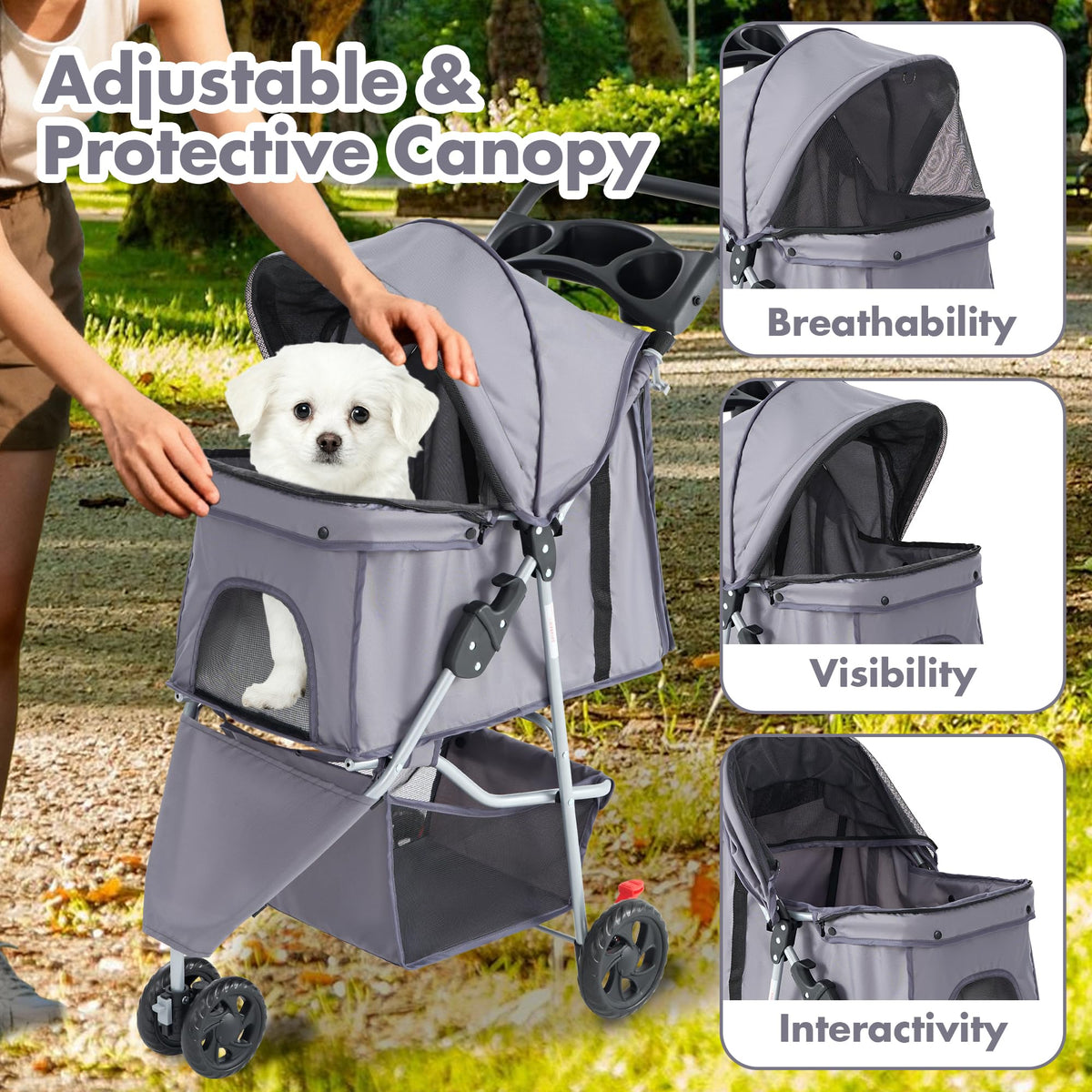 KMFurnila 3 Wheel Foldable Pet Stroller for Small to Medium Pets (Grey) - Kidsy