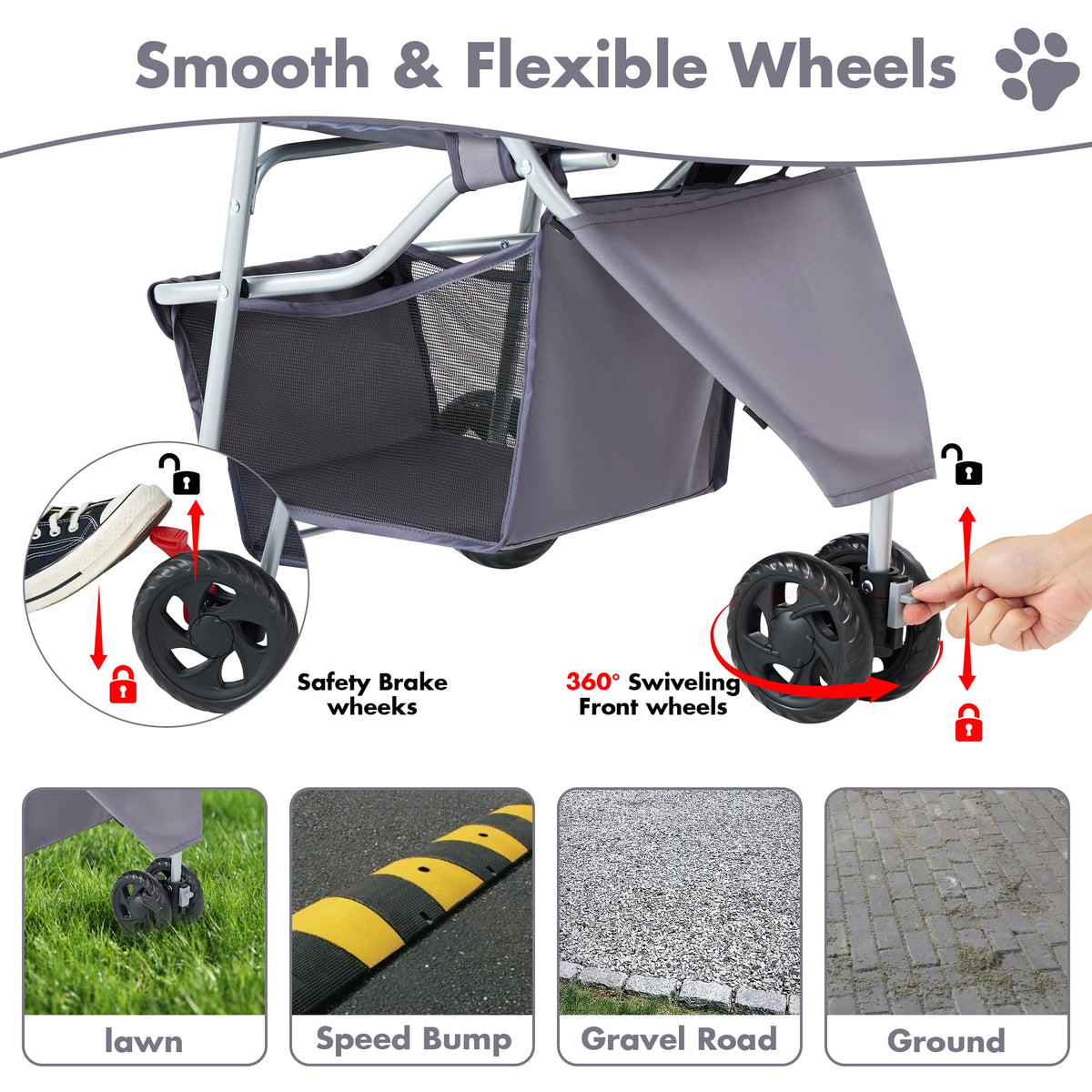 KMFurnila 3 Wheel Foldable Pet Stroller for Small to Medium Pets (Grey) - Kidsy