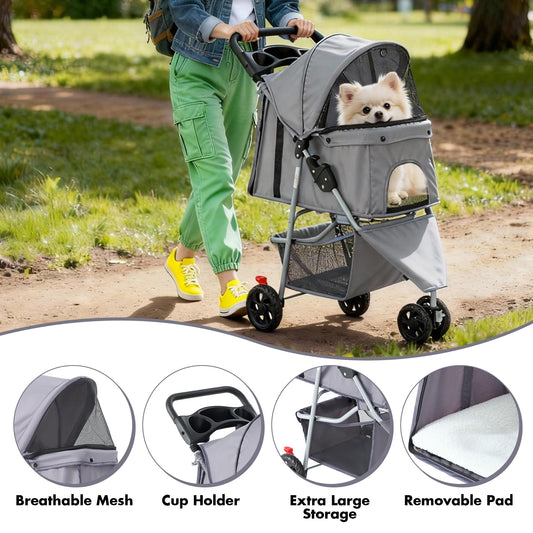 KMFurnila 3 Wheel Foldable Pet Stroller for Small to Medium Pets (Grey) - Kidsy