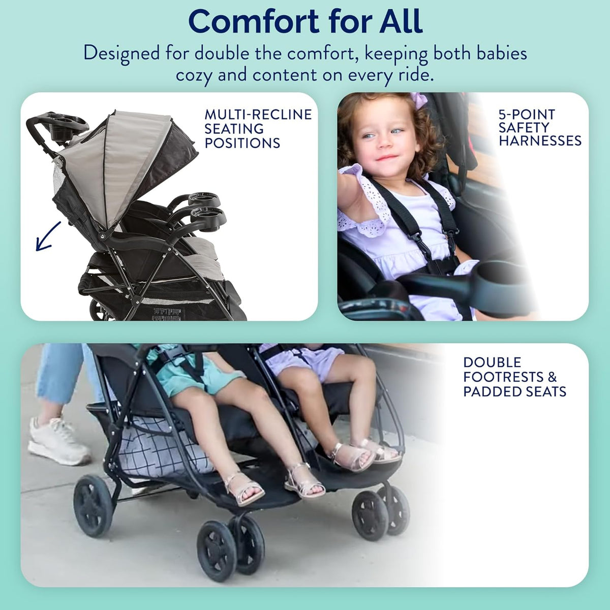 Kolcraft Cloud Plus Lightweight Double Stroller Side-by-Side for Infant Toddler (Slate Gray) - Kidsy