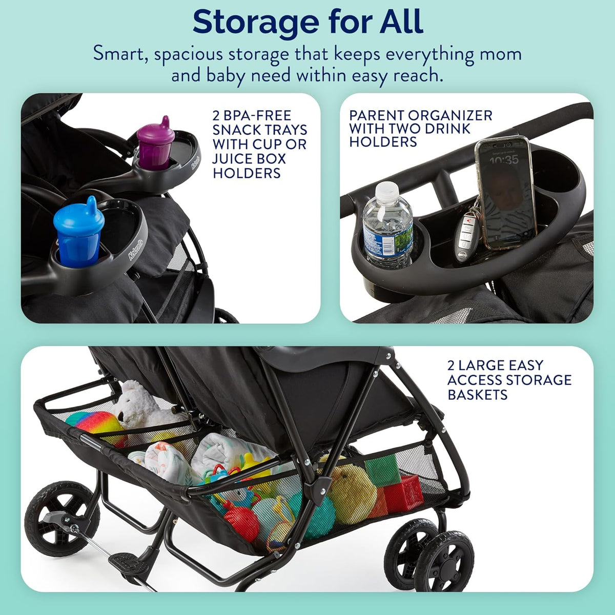 Kolcraft Cloud Plus Lightweight Double Stroller Side-by-Side for Infant Toddler (Slate Gray) - Kidsy