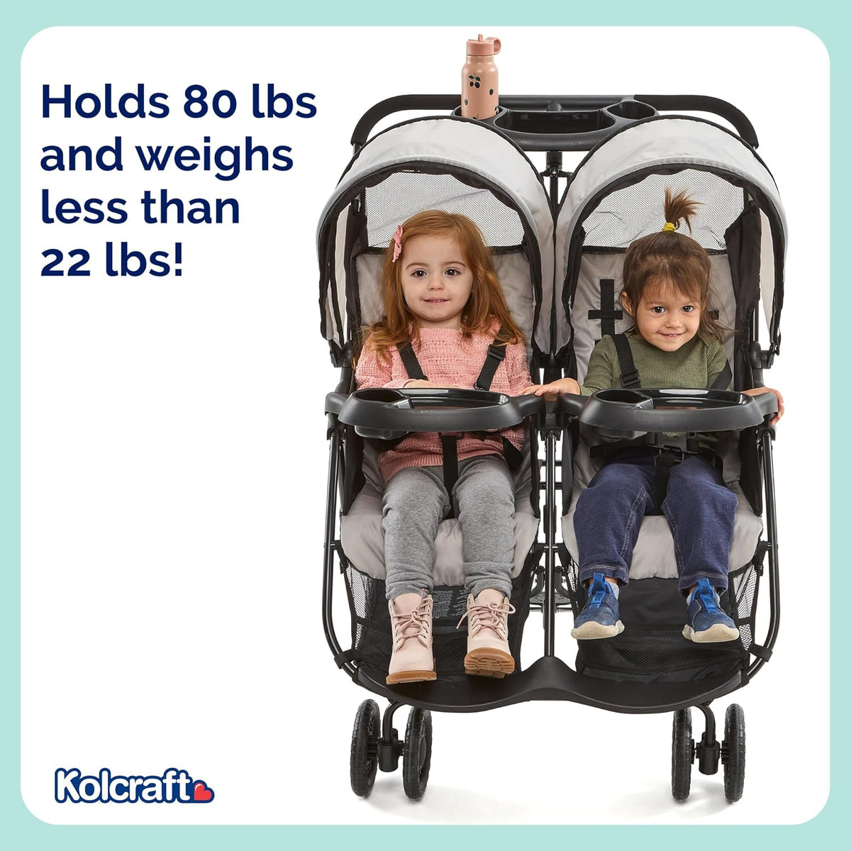 Kolcraft Cloud Plus Lightweight Double Stroller Side-by-Side for Infant Toddler (Slate Gray) - Kidsy