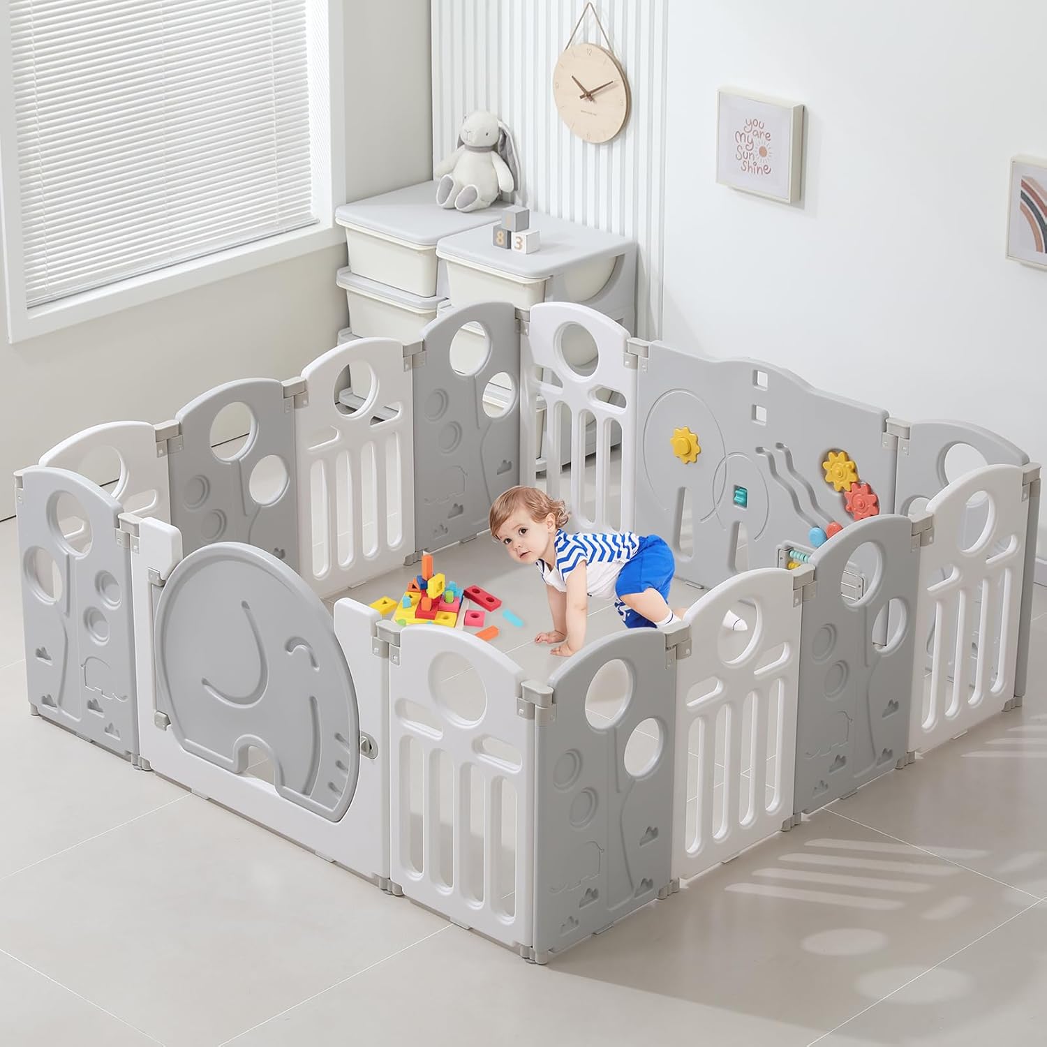 LulliSpace Baby Playpen for Kids and Toddlers (White, 14 Panels, L59.05 x W59.05 x H23.62) - Kidsy