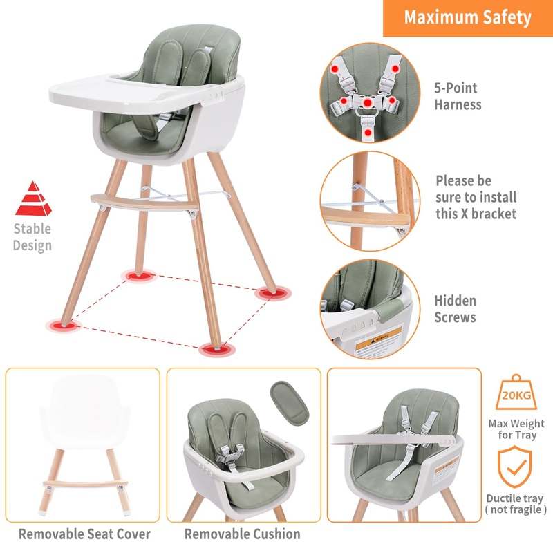 Mallify 3 - in - 1 Convertible Wooden High Chair (Green Color) - Kidsy