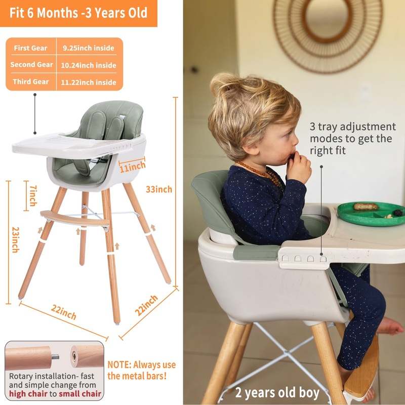 Mallify 3 - in - 1 Convertible Wooden High Chair (Green Color) - Kidsy