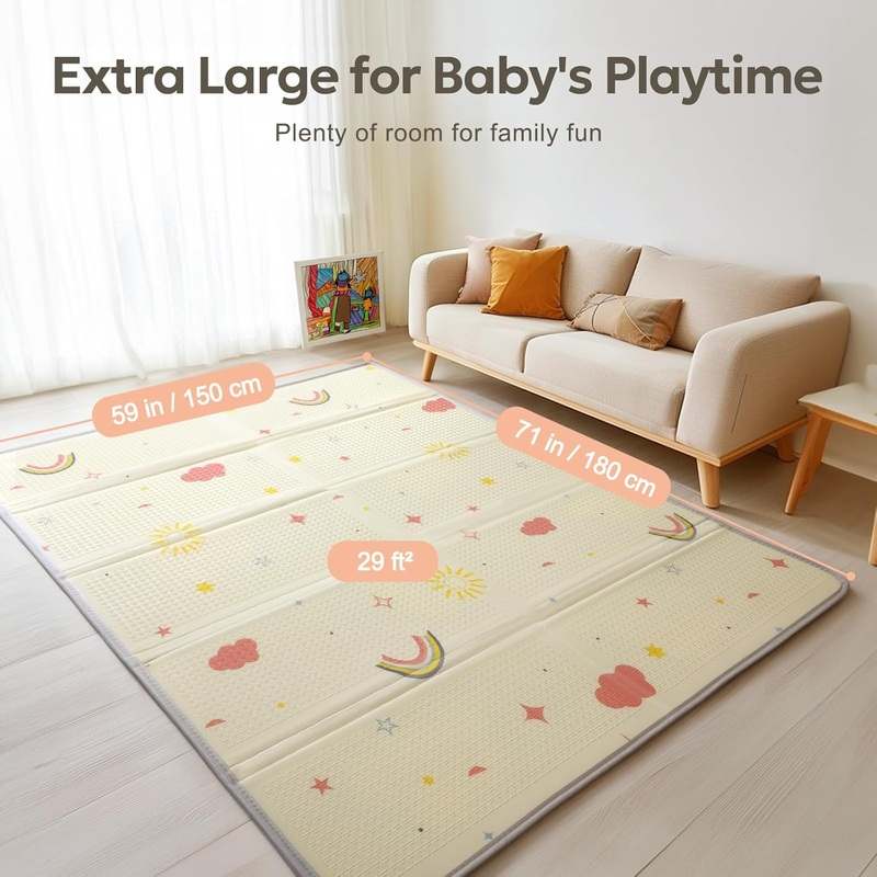 Mallify Extra Large Foldable Play Mat (Rainbow, Cloud & Moon | 71"x59") - Kidsy