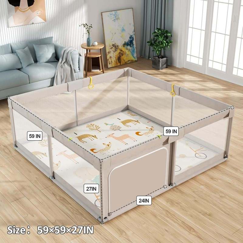 Mloong 59x59 Extra Large Baby Playpen with Mat (Gray) - Kidsy