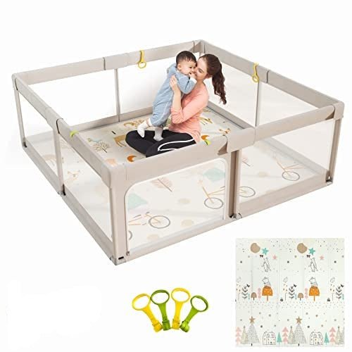 Mloong 59x59 Extra Large Baby Playpen with Mat (Gray) - Kidsy