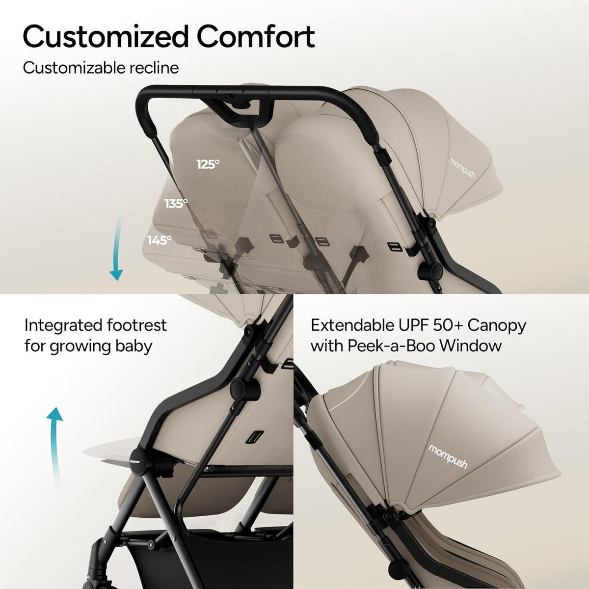 Mompush Lithe Double Stroller (Khaki) - Kidsy