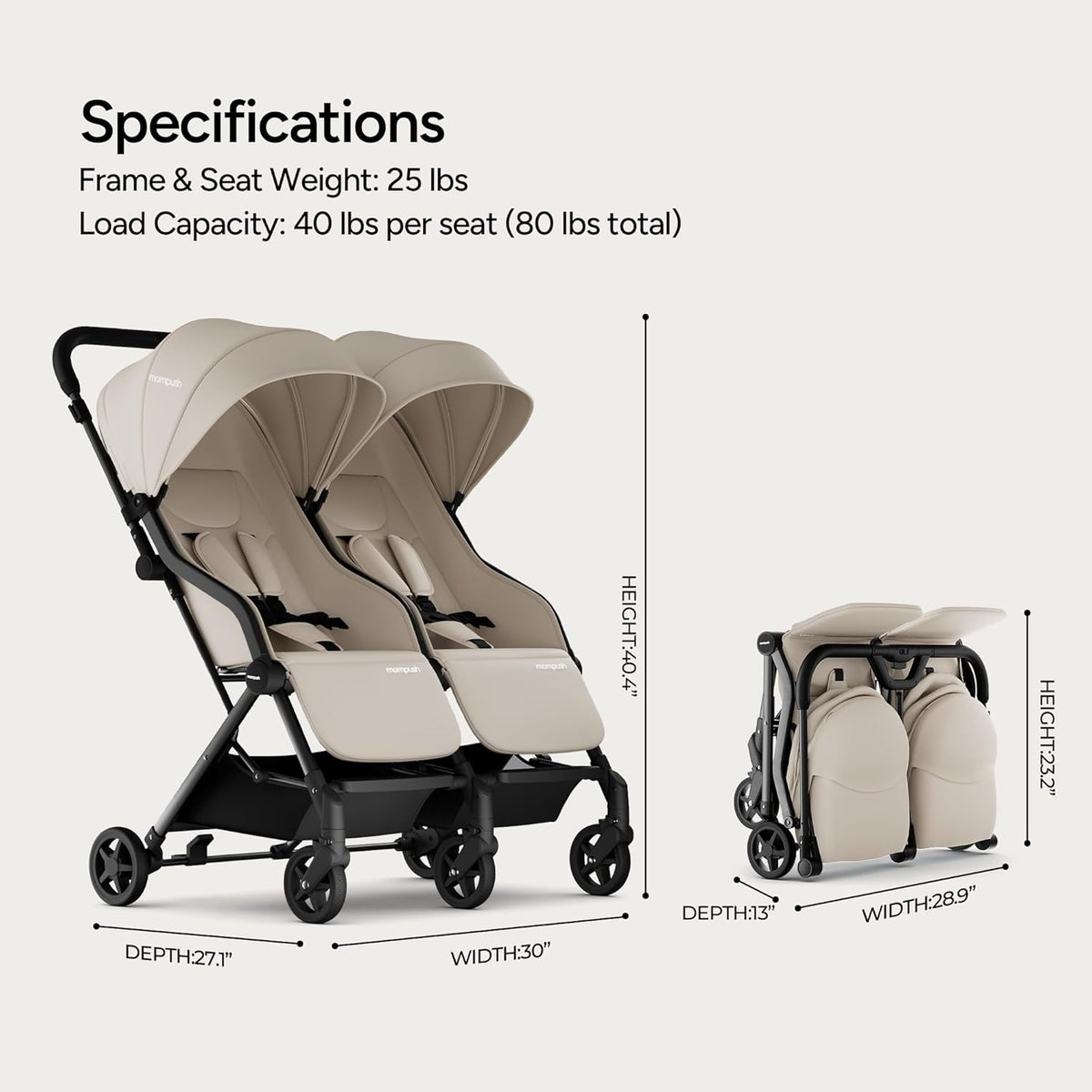 Mompush Lithe Double Stroller (Khaki) - Kidsy