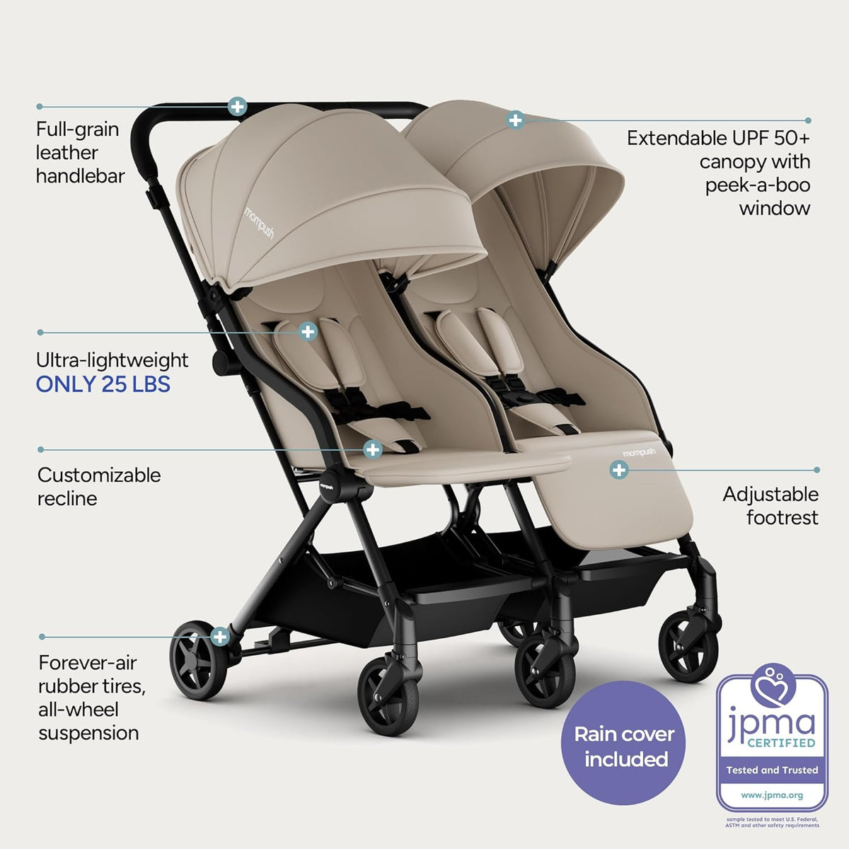 Mompush Lithe Double Stroller (Khaki) - Kidsy
