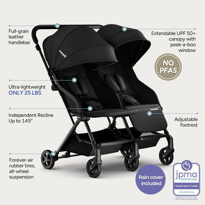 Mompush Lithe Lightweight Double Stroller (Black) - Kidsy
